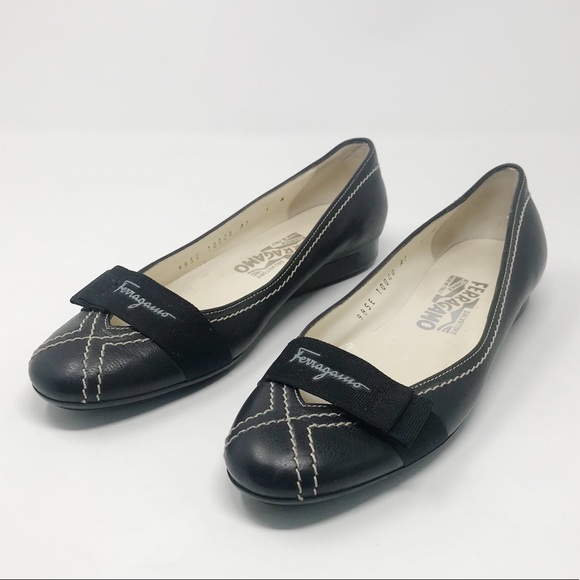 Ferragamo Black Ballet Flats Bow Stitching 6 B 6B - Picture 3 of 13